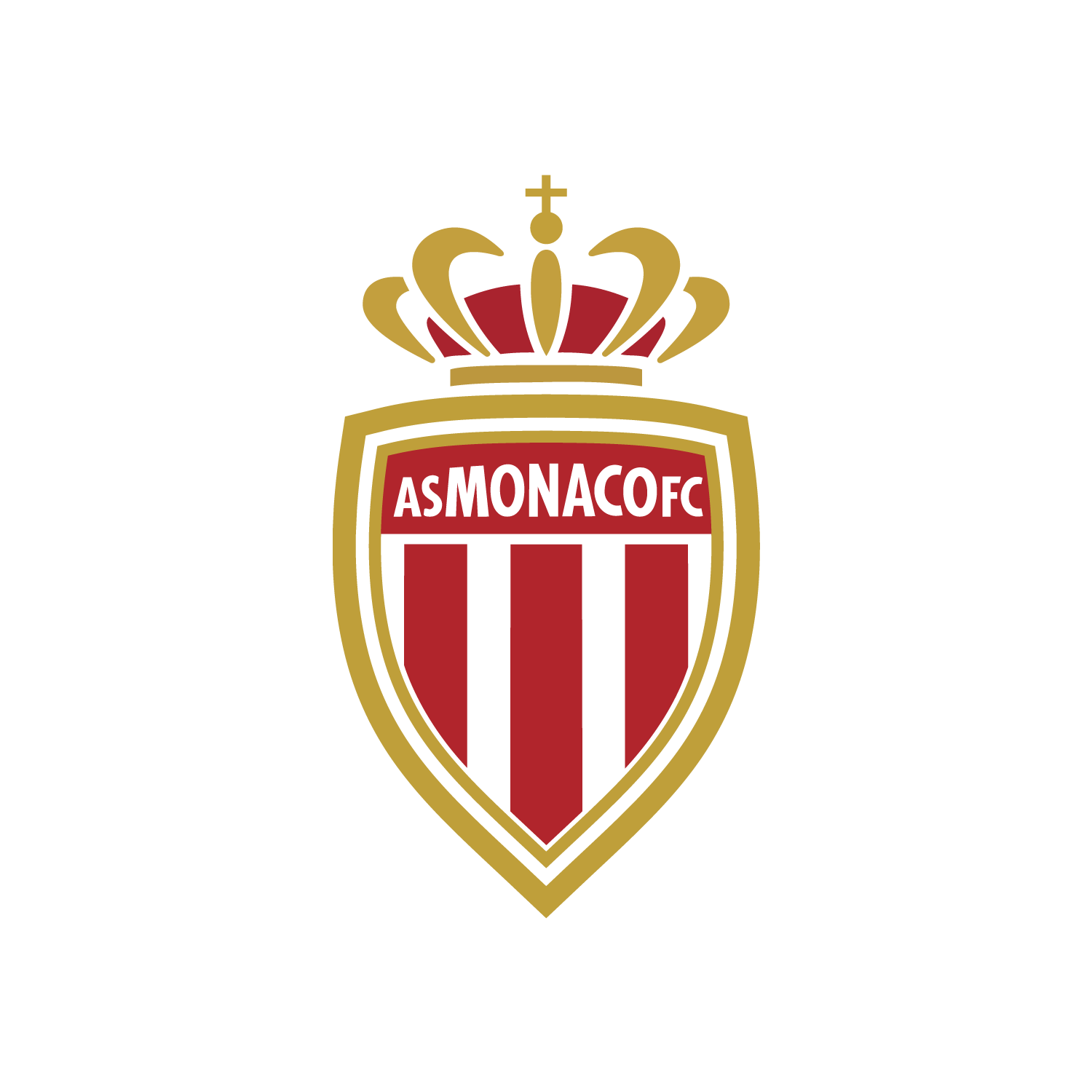Escudo oficial del AS Monaco FC con la corona real dorada, las franjas rojas y blancas y el borde dorado.