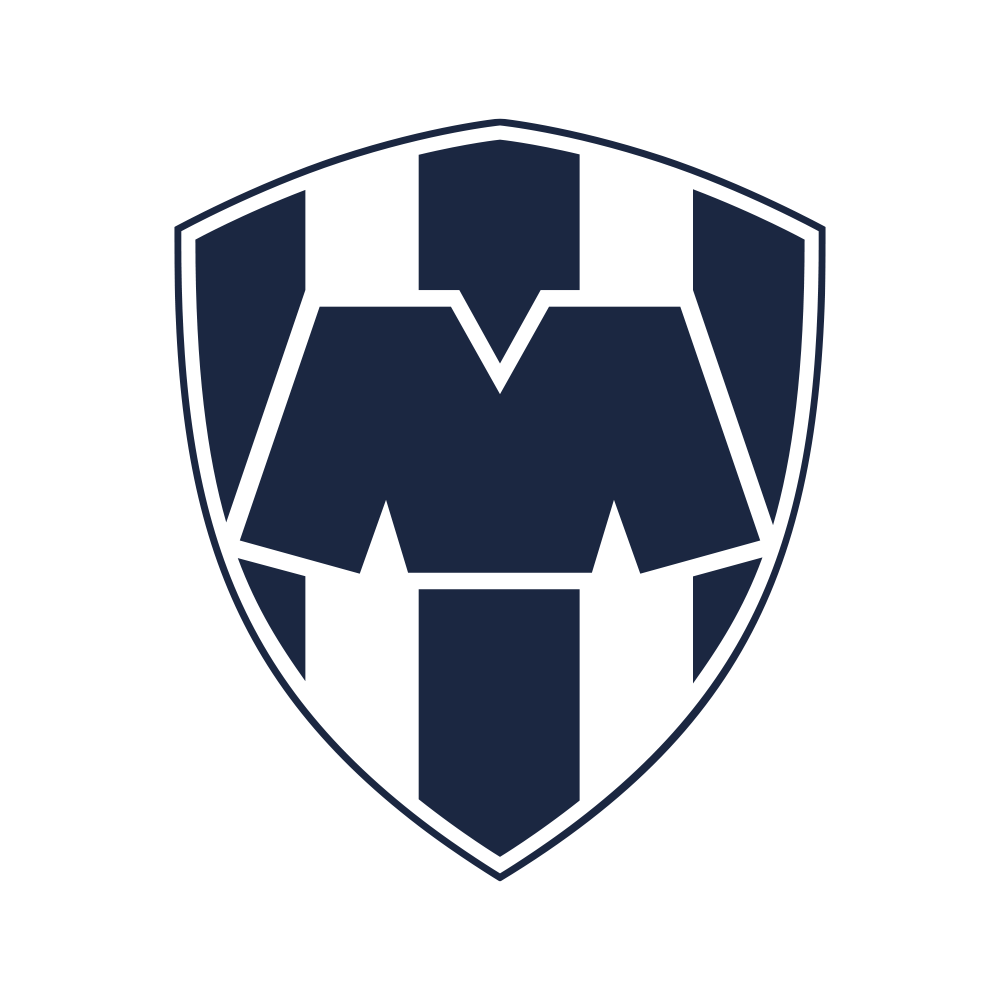 Escudo oficial minimalista de Rayados de Monterrey con la "M" icónica y franjas verticales en azul marino y blanco.
