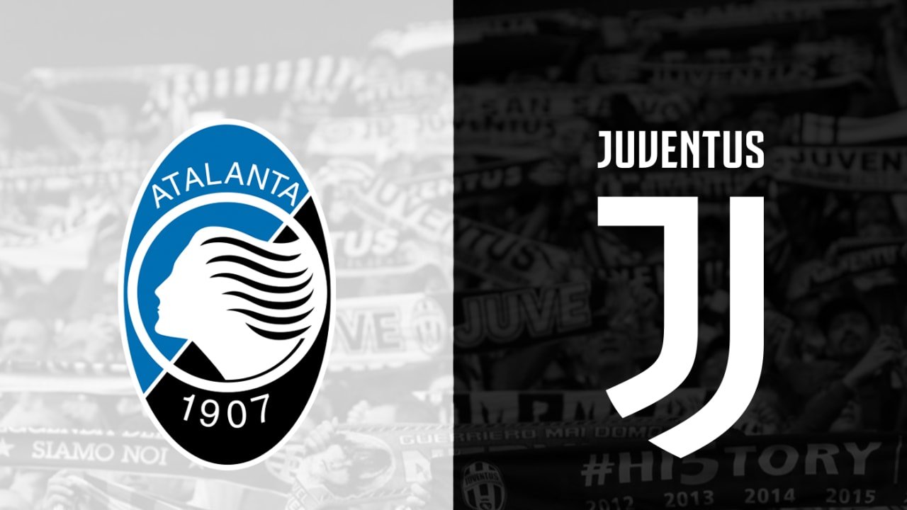 Comparativa de escudos oficiales de la Atalanta BC y la Juventus de Turín sobre fondos de aficionados en blanco y negro para la Serie A.