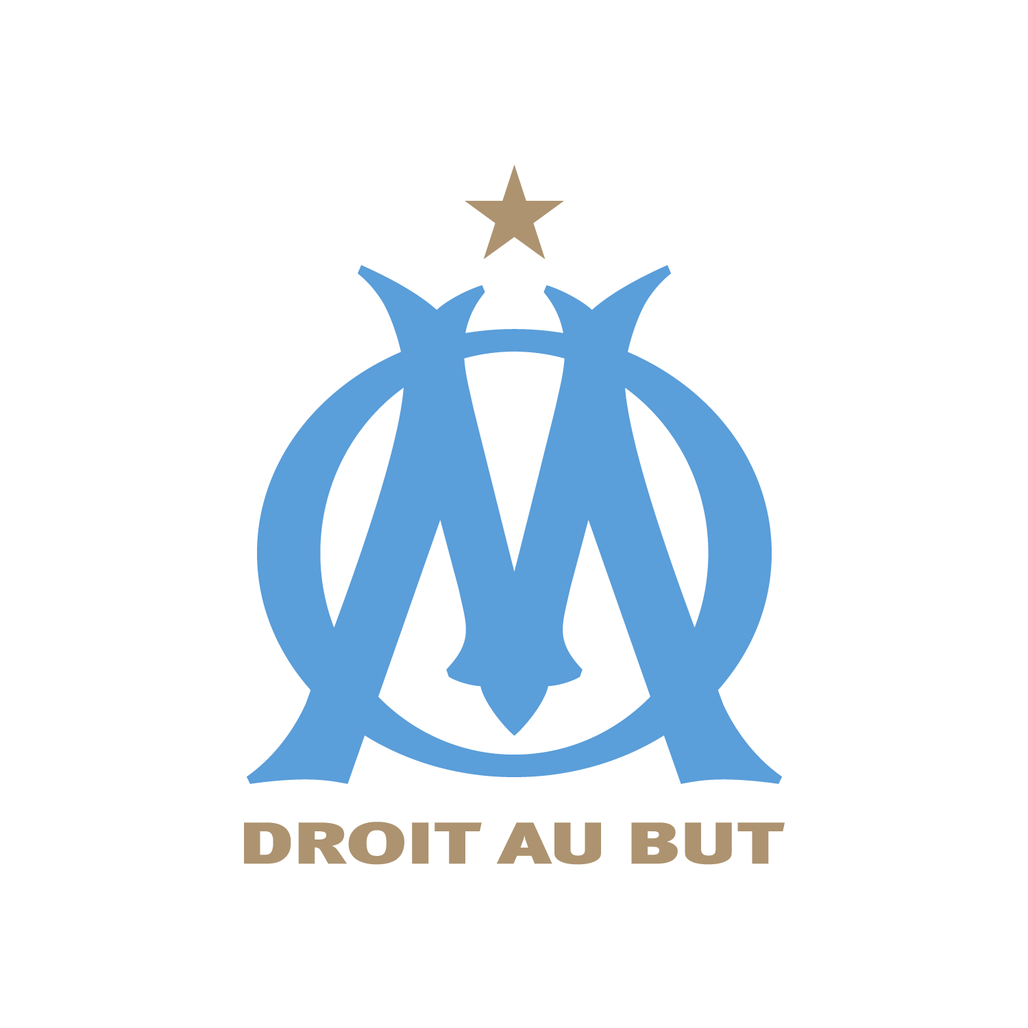 Escudo oficial del Olympique de Marseille con las siglas OM en azul cielo, la estrella dorada de campeón de Europa y el lema "Droit au But".
