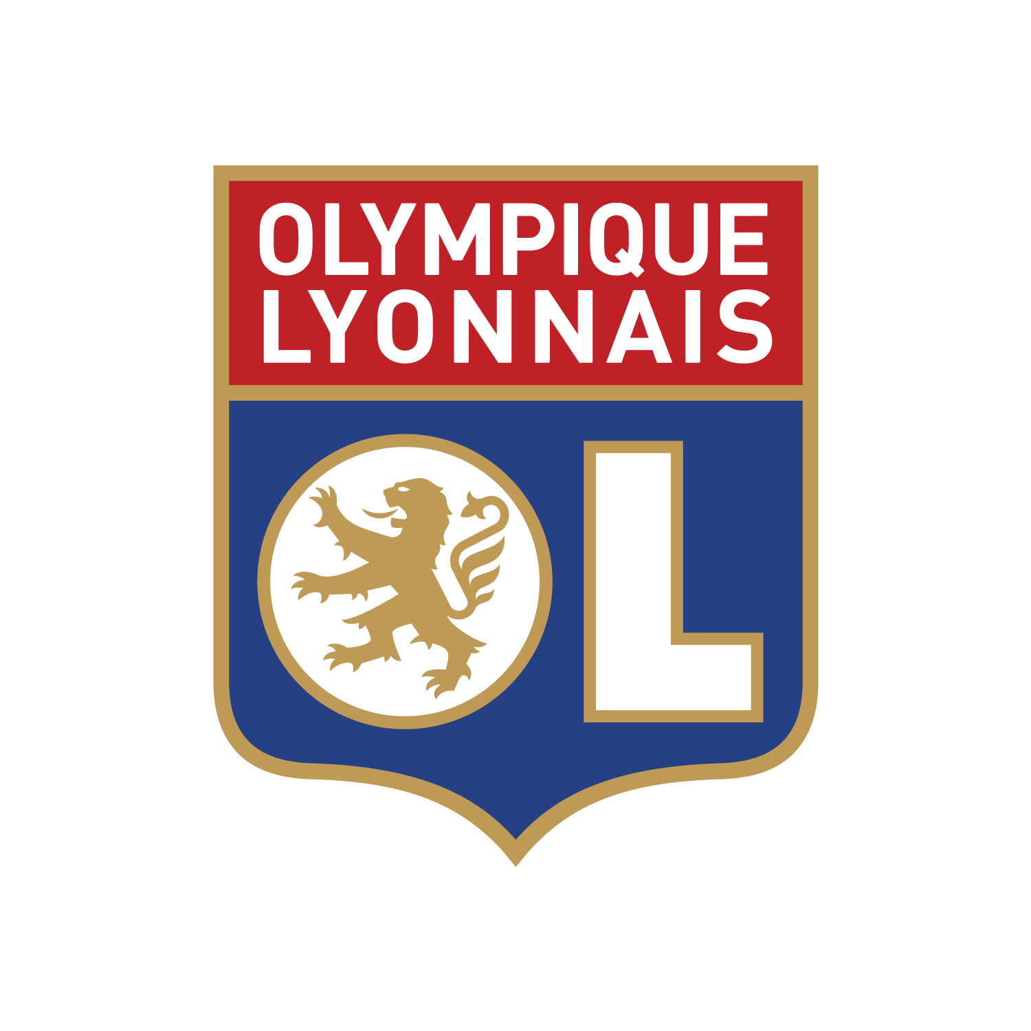 Escudo oficial del Olympique Lyonnais (OL) con el león rampante dorado, las letras OL y los colores azul y rojo.
