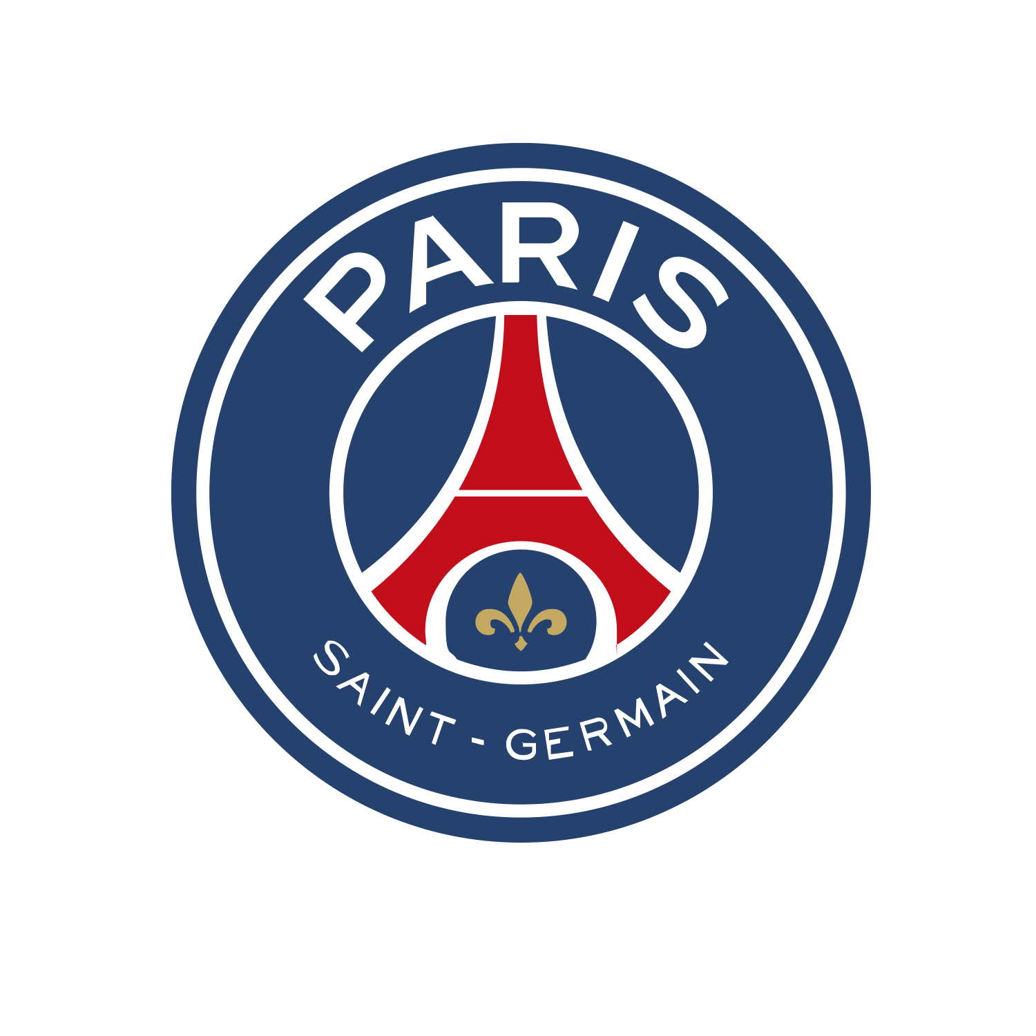 Escudo oficial del Paris Saint-Germain (PSG) con la Torre Eiffel roja, la flor de lis dorada y el anillo azul marino.
