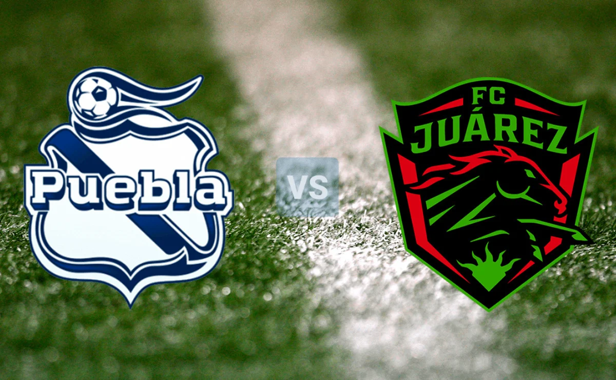 Escudos oficiales del Club Puebla y FC Juárez sobre fondo de césped desenfocado para previa de la Liga MX.