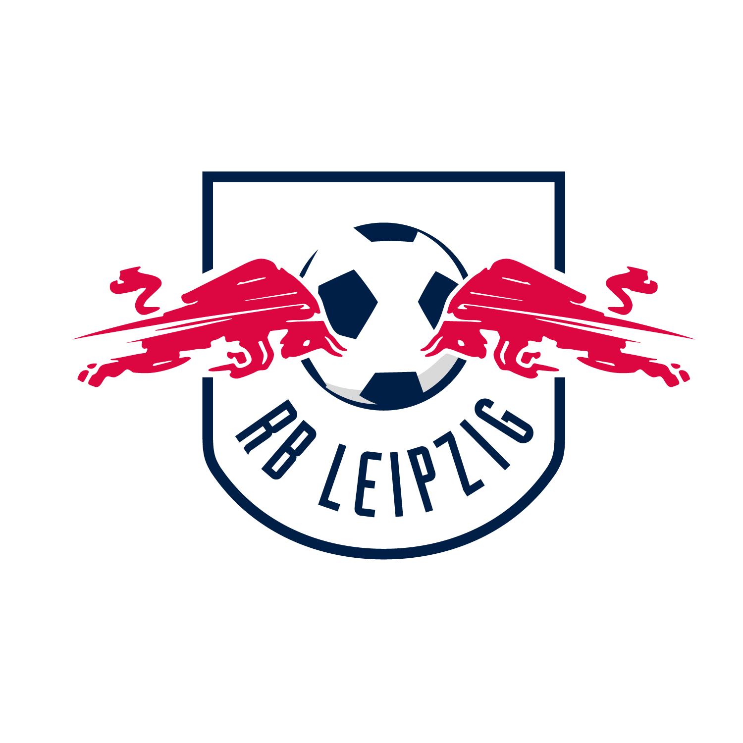 Escudo oficial del RB Leipzig con los dos toros rojos enfrentados, el balón de fútbol central y el nombre del club.