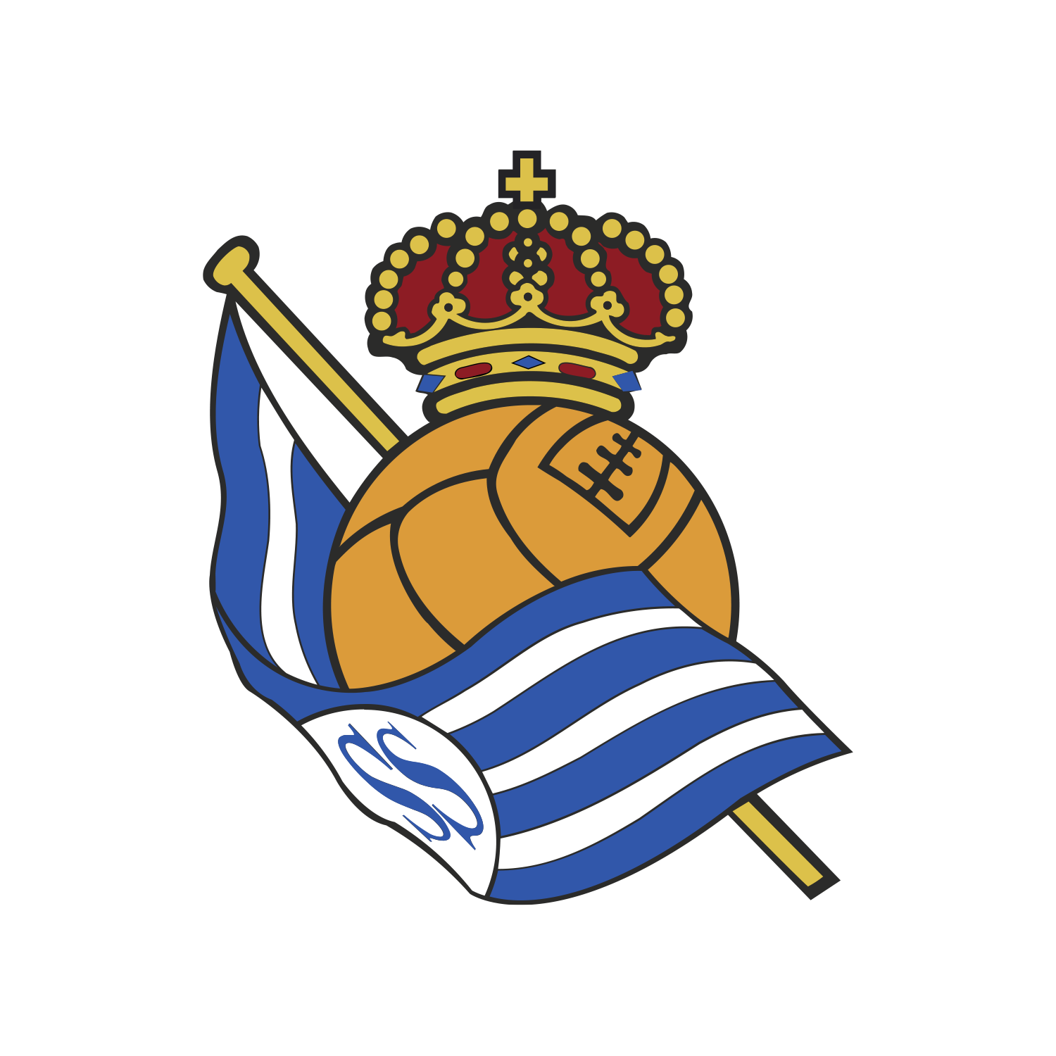 escudo-real-sociedad-oficial-hd-laliga Escudo oficial de la Real Sociedad de Fútbol con el balón de cuero antiguo, la bandera txuri-urdin y la corona real.