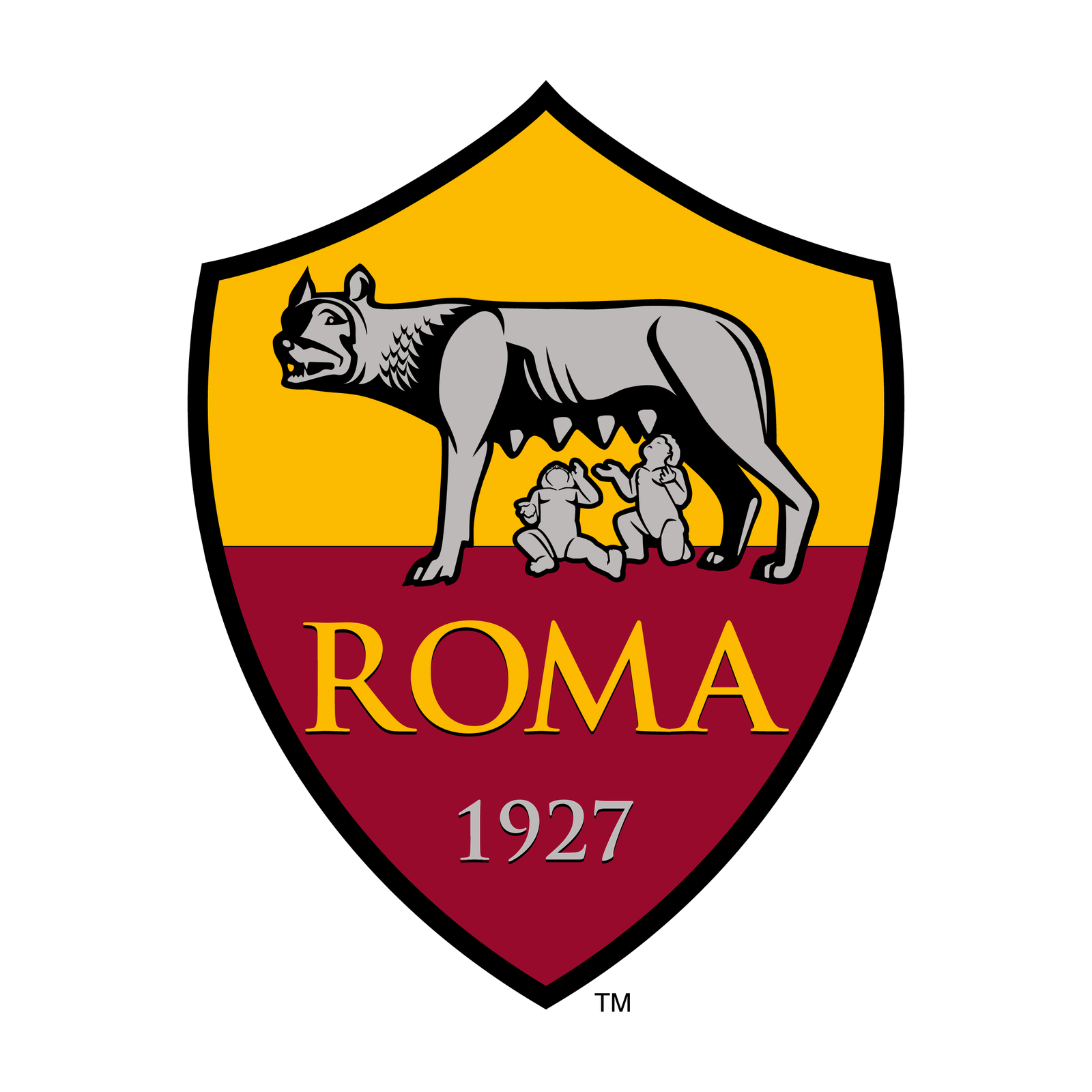 Escudo oficial de la AS Roma con la loba capitalina, Rómulo y Remo, sobre fondo dividido en amarillo oro y rojo pompeyano.
