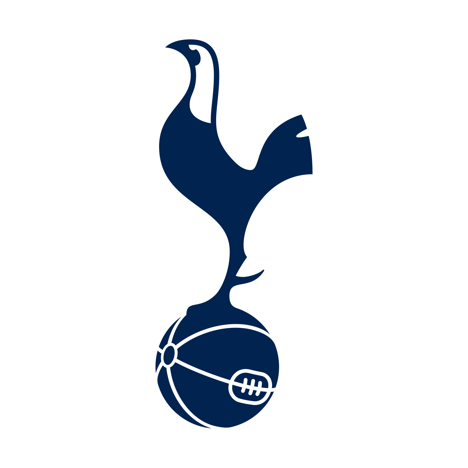 Escudo oficial del Tottenham Hotspur con el gallo de pelea azul marino sobre un balón de fútbol antiguo.
