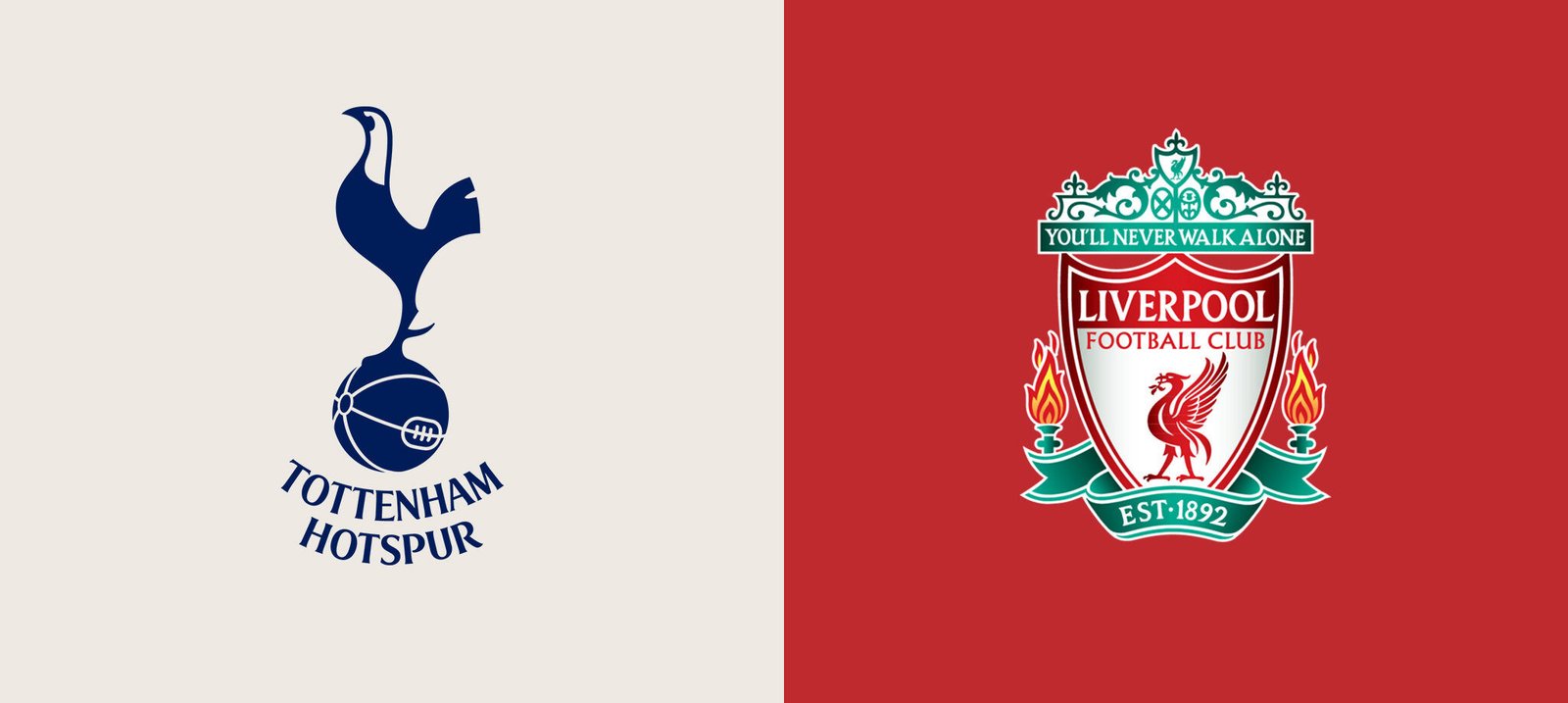 Comparativa de escudos oficiales del Tottenham Hotspur y Liverpool FC para previa de partido de Premier League.