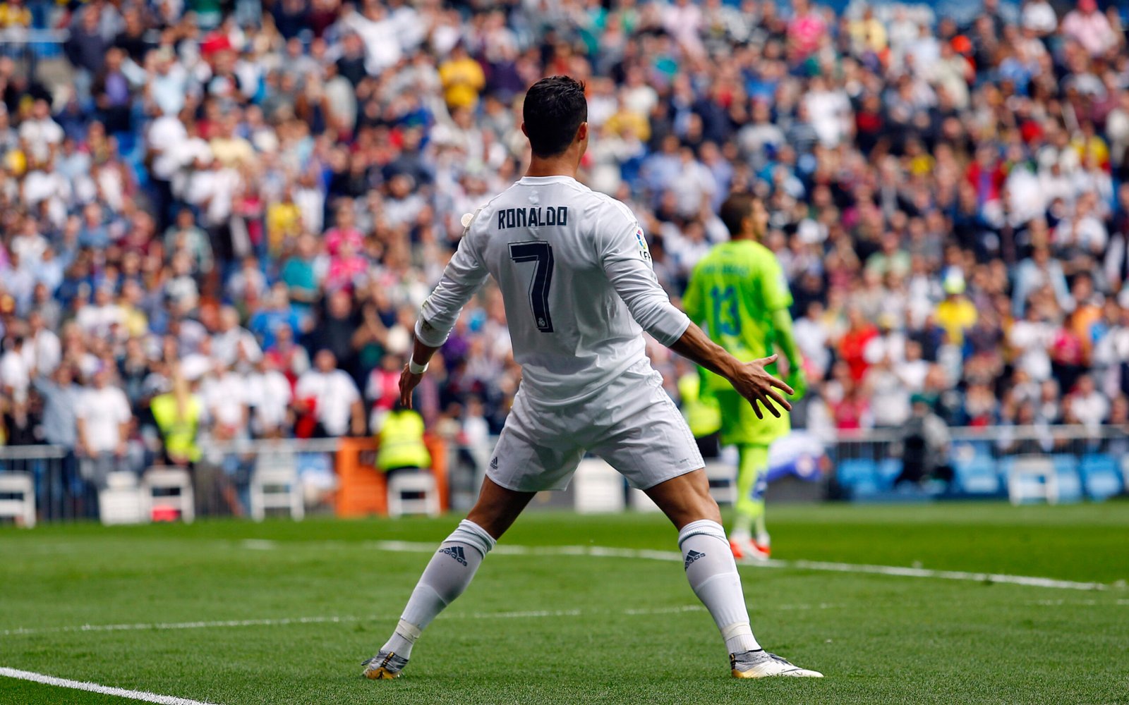 CRISTIANO RONALDO Cristiano Ronaldo de espaldas celebrando un gol con el Real Madrid en el Santiago Bernabéu mostrando el dorsal número 7.