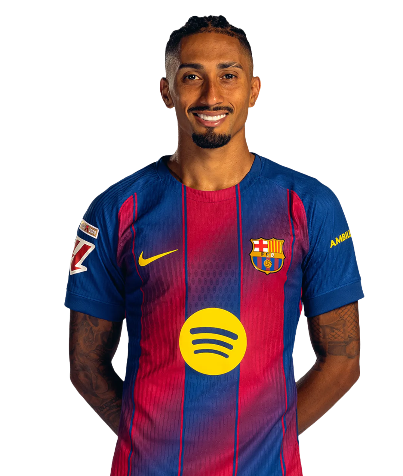 BARCELONA Raphinha sonriendo con la camiseta oficial del FC Barcelona en un retrato de perfil.