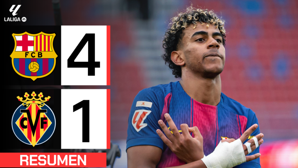 barcelona-vs-villarreal-4-1-resumen-lamine-yamal Resumen del partido Barcelona vs Villarreal con resultado 4-1 y Lamine Yamal celebrando su gol con el gesto 304.