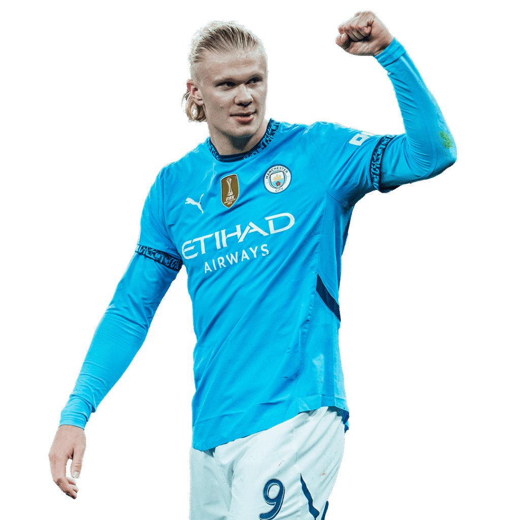 Erling Haaland Retrato de Erling Haaland celebrando con la camiseta del Manchester City. El delantero noruego aparece con el puño en alto y el parche de campeón del mundo en su uniforme, sobre un fondo transparente.