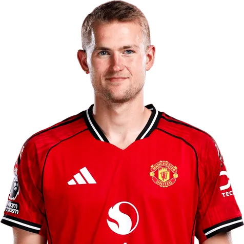 MAN UNITED Matthijs de Ligt posando con la camiseta local roja del Manchester United sobre un fondo blanco.