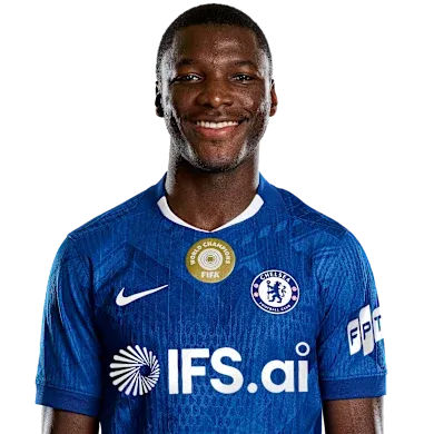 CHELSEA Moises Caicedo sonriendo con la camiseta azul del Chelsea FC sobre un fondo blanco.