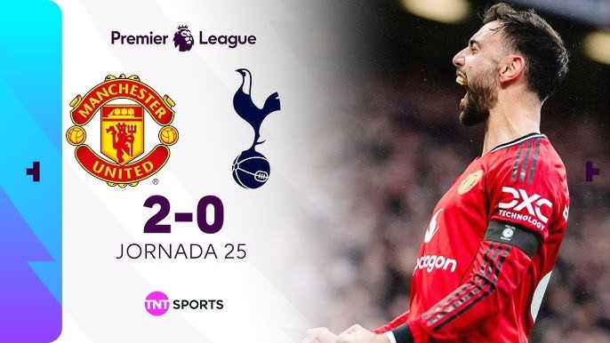 resumen-manchester-united-vs-tottenham-2-0-jornada-25-premier-league Bruno Fernandes celebrando un gol en la miniatura del partido Manchester United vs Tottenham con marcador 2-0 de la Jornada 25 de la Premier League.