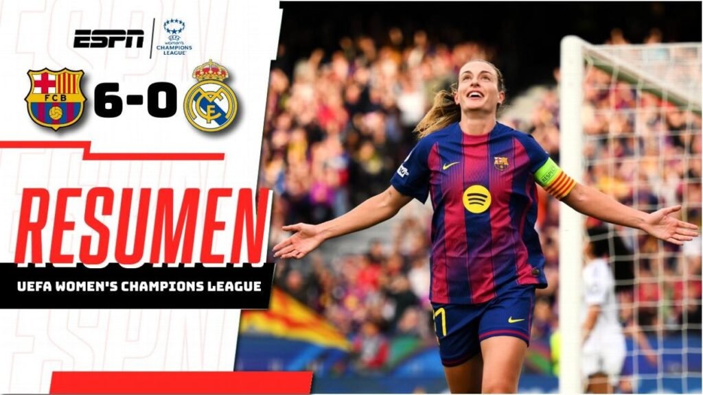 barcelona-vs-real-madrid-femenino-6-0-resumen-alexia-putellas Resumen del partido Barcelona vs Real Madrid femenino con resultado 6-0 y Alexia Putellas celebrando un gol en la Champions League.
