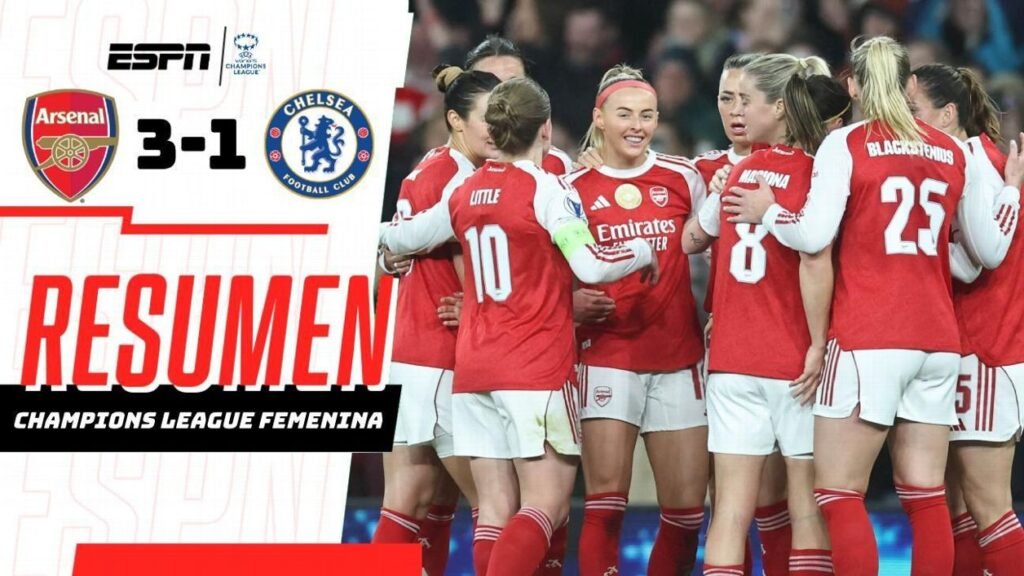 resumen-arsenal-vs-chelsea-champions-league-femenina-3-1 Jugadoras del Arsenal Women celebrando la victoria 3-1 ante el Chelsea en la UEFA Women's Champions League.